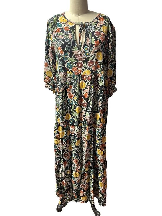 NATURAL LIFE Dresses & Skirts - Natural Life Womens Maxi Dress Sz M Boho Black Yellow Floral 3/4 Sleeve Rayon